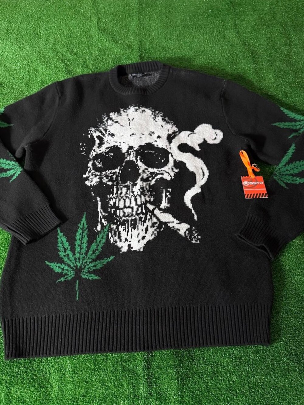 RGSTR Men's Smoking Skull Weed Leaf Knit Sweater Black Streetwear NWT Size XL